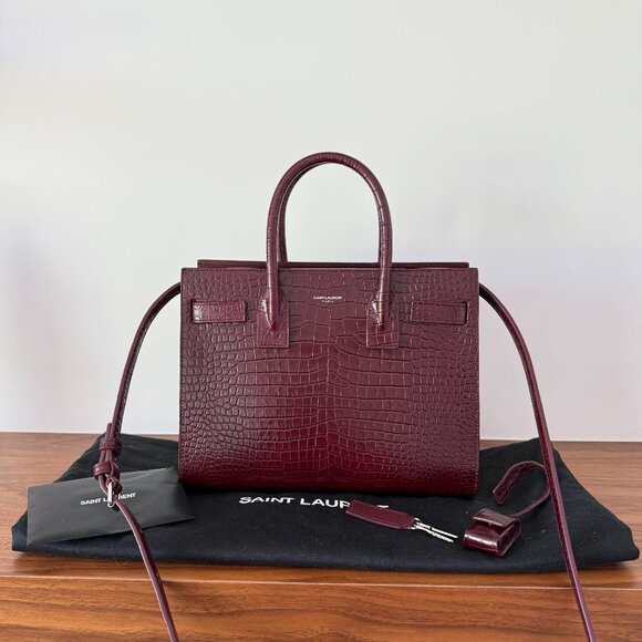 YSL St Laurent Burgundy Crocodile Embossed Leather Nano Sac De Jour w/ Strap - Picture 1 of 13